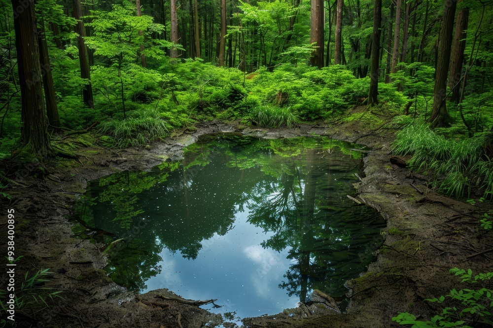 A pond in a forest with trees surrounding it A pond in a forest with trees surrounding it