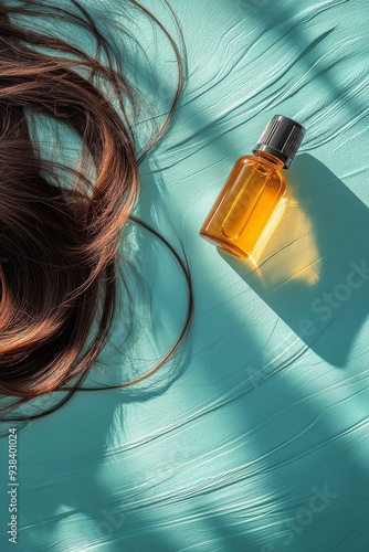 Hair serum bottle surrounded by strands of hair and green leaves on a turquoi...