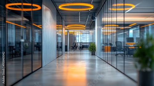 Sunset glowing through office corridor windows in modern workspace