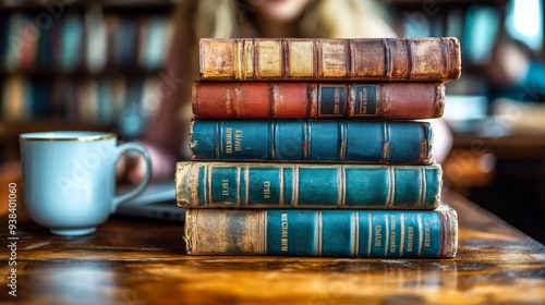 Stack of antique books with a coffee cup on top in a cozy reading nook