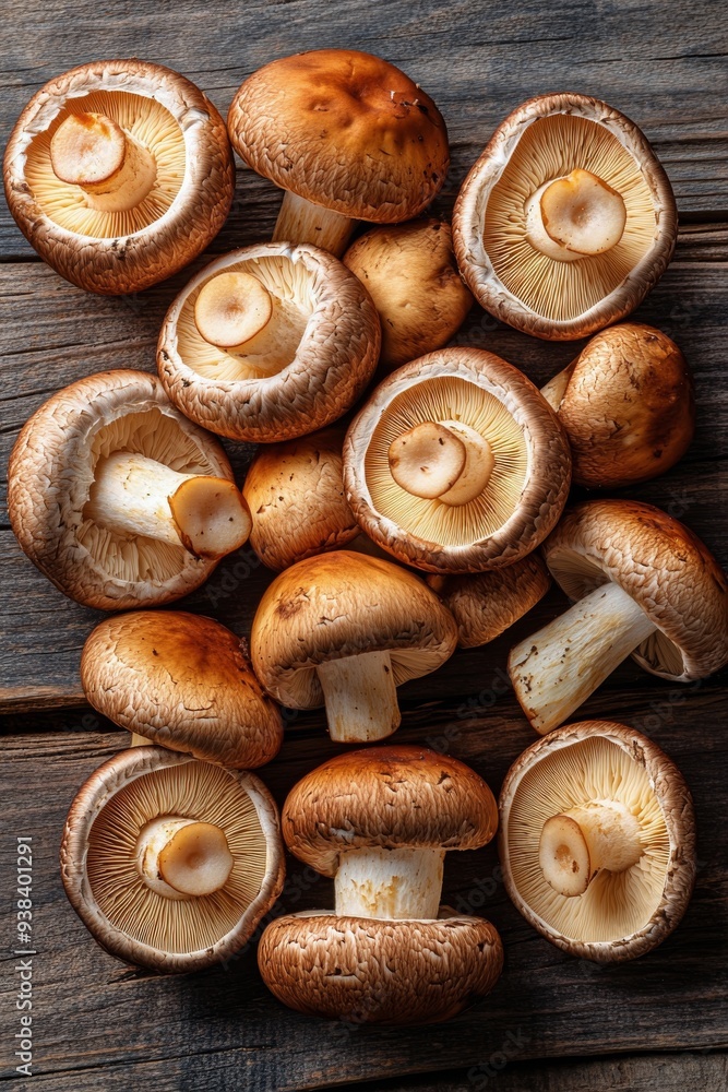 Fresh brown mushrooms on wooden surface ready for cooking or garnishing dishes Fresh brown mushrooms on wooden surface ready for cooking or garnishing dishes