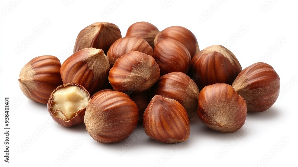 A group of hazelnuts, one broken open to reveal the nut inside, isolated on a white background. A group of hazelnuts, one broken open to reveal the nut inside, isolated on a white background.
