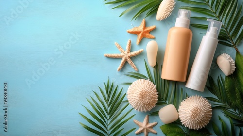 Arrangement of skincare products on a blue surface surrounded by tropical ele...