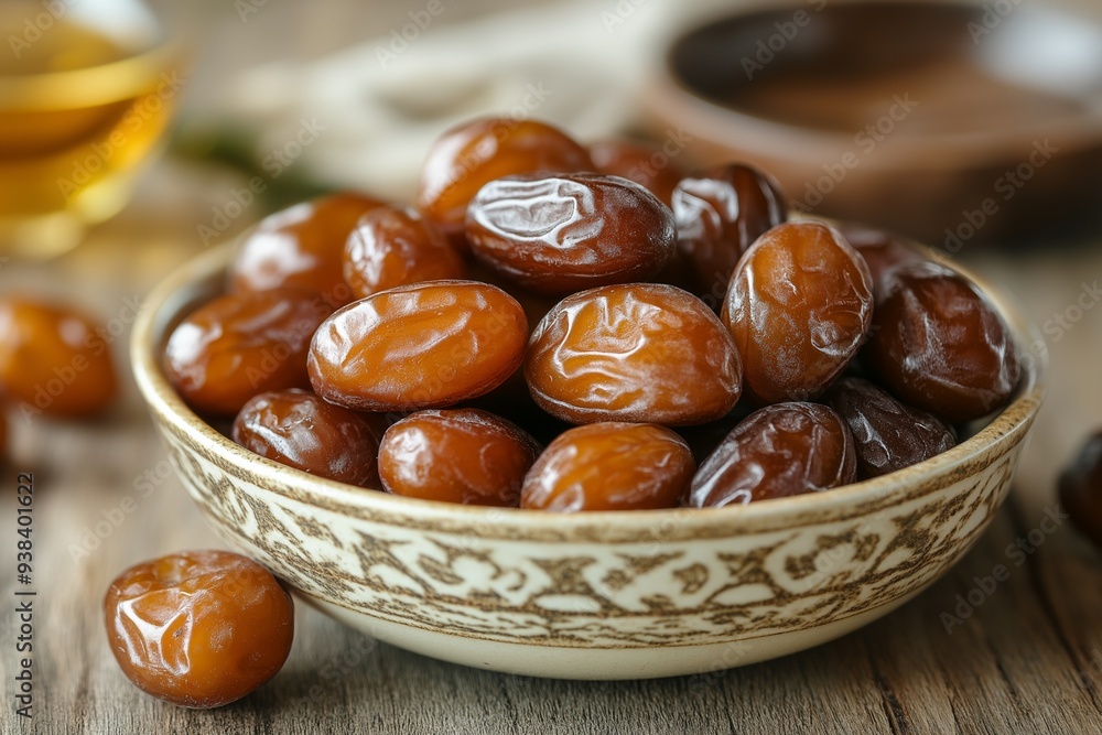 Dried dates in a decorative ceramic bowl Dried dates in a decorative ceramic bowl