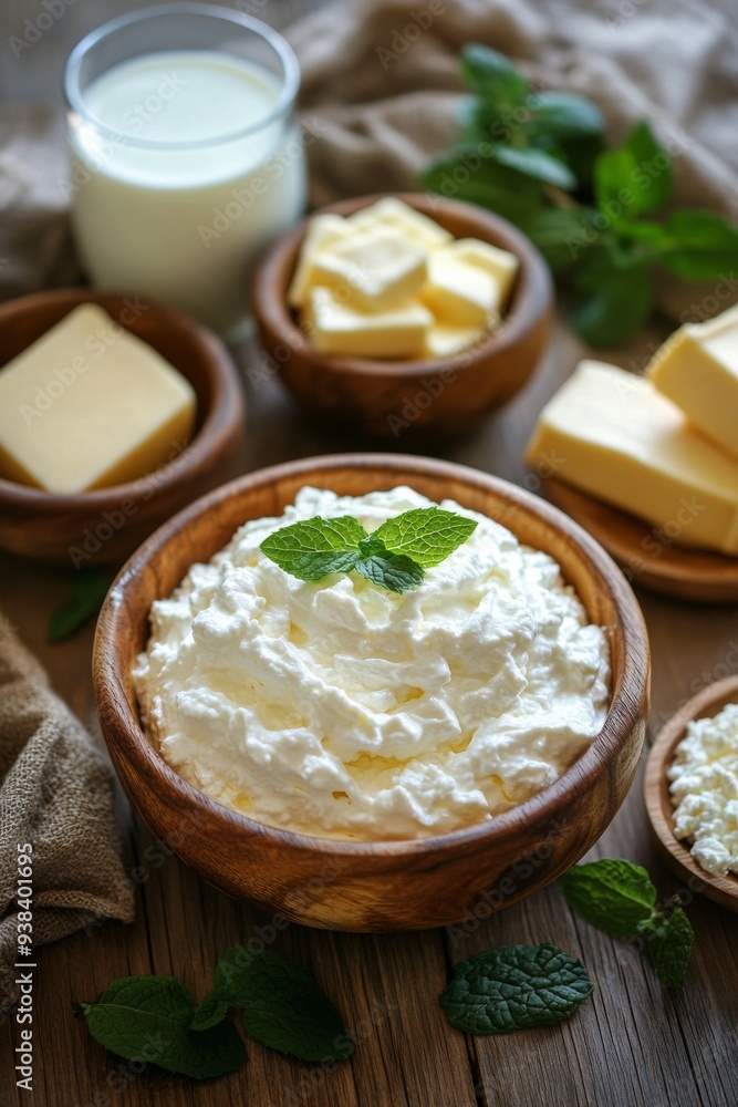 Fresh dairy products displayed in wooden bowls on a rustic wooden table Fresh dairy products displayed in wooden bowls on a rustic wooden table