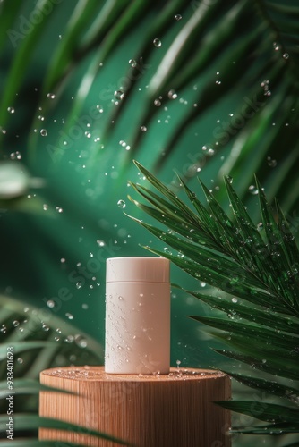 Eco-friendly skincare product placed on wooden surface surrounded by lush gre...