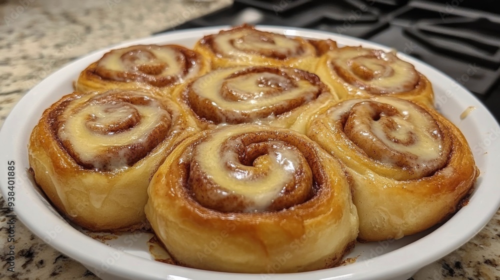 Delicious cinnamon roll topped with icing and star anise on a wooden plate Delicious cinnamon roll topped with icing and star anise on a wooden plate