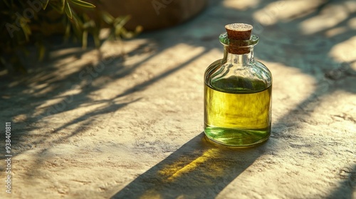Glass bottle with essential oil resting on a stone surface in natural light