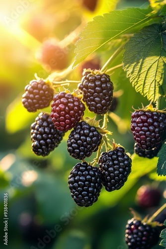 Ripe blackberries hanging on a bush during golden hour in a lush orchard