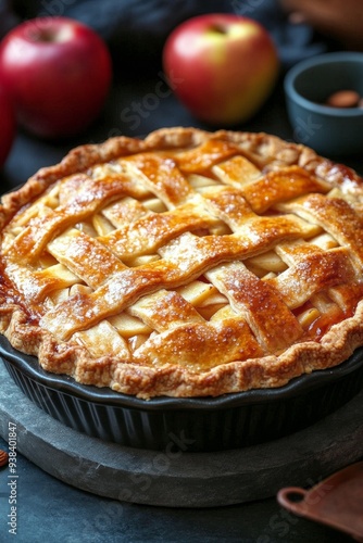 Delicious apple tart topped with almonds and fresh herbs on a wooden platter