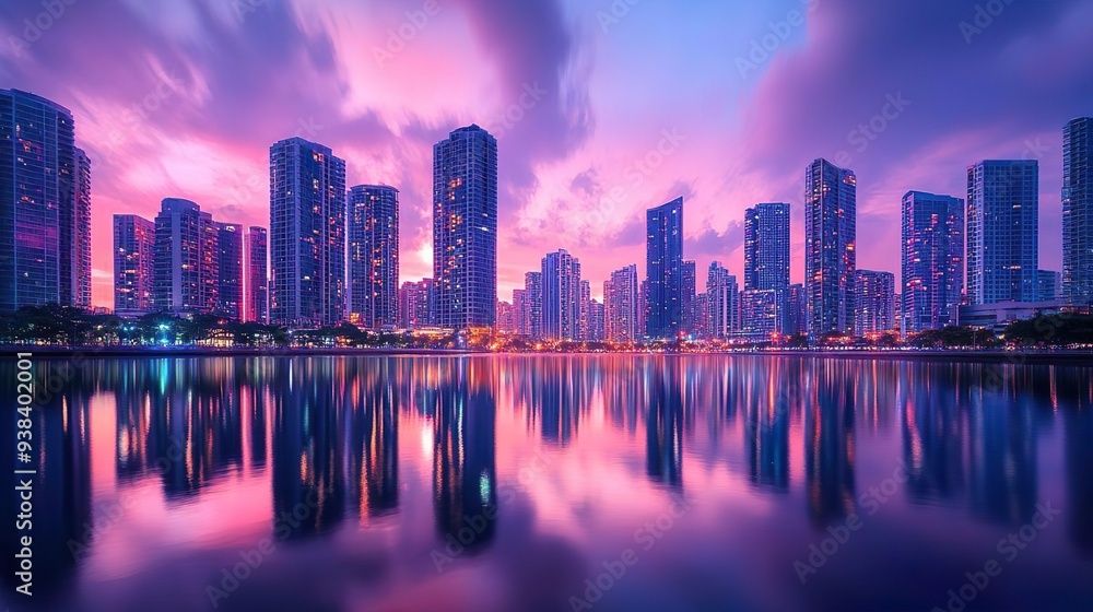 Fototapeta premium Colorful city skyline reflection in water at sunset perfect for urban-themed wallpaper designs
