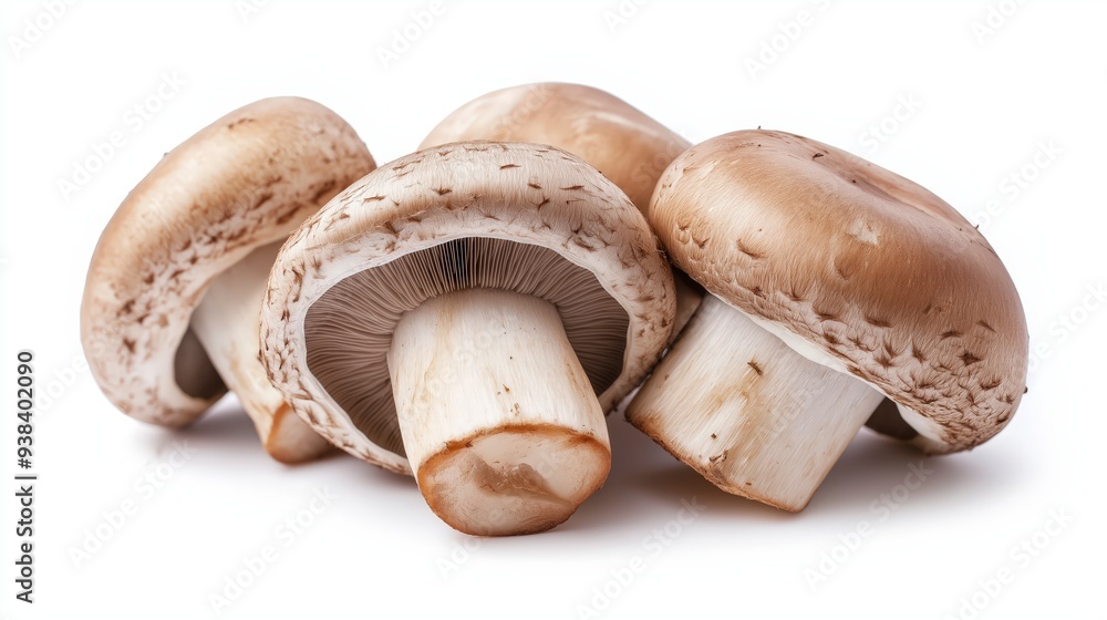 Close-up of four fresh brown mushrooms on a white background. Close-up of four fresh brown mushrooms on a white background.