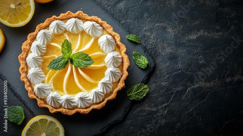 Lemon meringue pie with fresh lemons and mint leaves on a dark textured surface