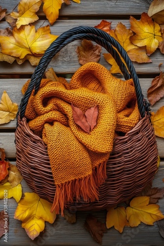 Cozy yellow bag with scarf and hat amidst fall leaves in a park