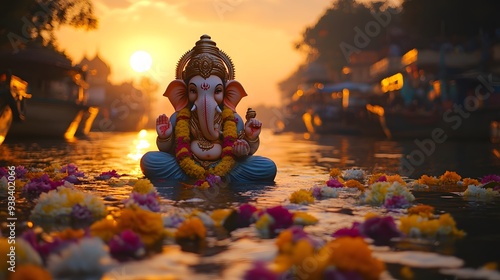 Ganesh idol floating on water surrounded by vibrant flowers at sunset photo