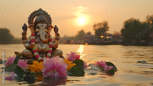 Ganesh idol floating on water surrounded by vibrant flowers at sunset photo