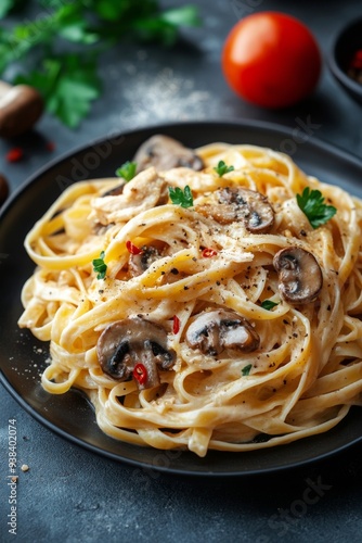 Creamy fettuccine with mushrooms and basil in a bowl on a dark surface
