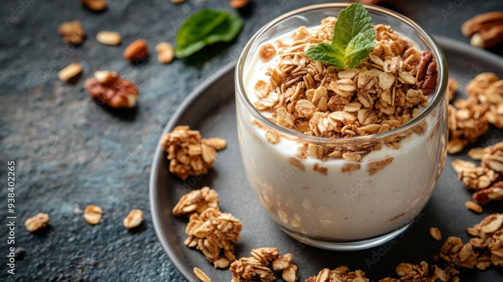 Crunchy granola with yogurt and nuts in a glass bowl on a dark textured surface