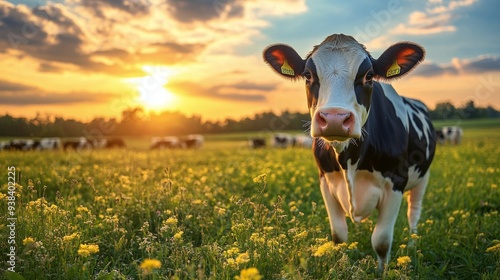 Cow standing in a sunlit field during golden hour at a rural farm