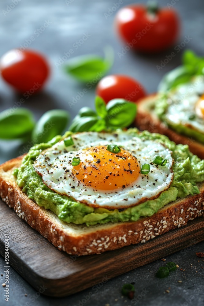 Avocado toast with fried eggs and cherry tomatoes on marble table Avocado toast with fried eggs and cherry tomatoes on marble table