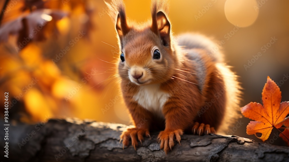 Squirrel sitting on a tree branch in a park, with vibrant autumn leaves in the background Squirrel sitting on a tree branch in a park, with vibrant autumn leaves in the background