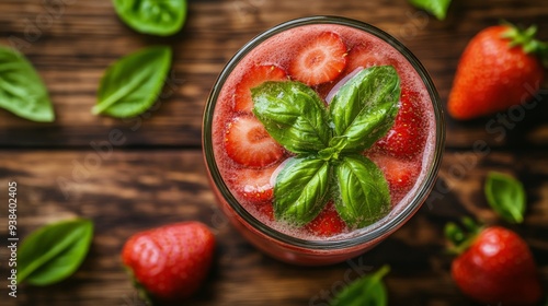 Refreshing strawberry basil drinks on a wooden table with fresh ingredients