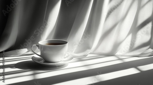 Warm cup of coffee on a table with sunlight casting shadows in the morning