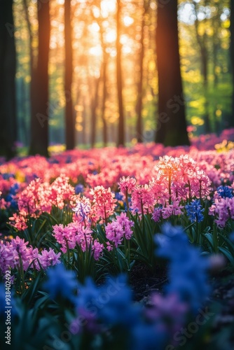 Colorful spring flowers blooming in a forest during sunset