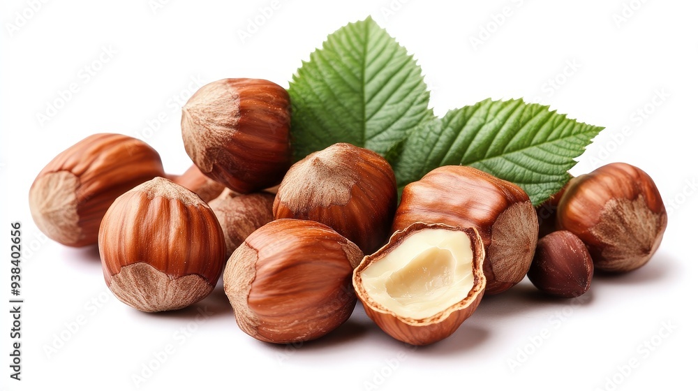 Close-up of hazelnuts with leaves, one nut is cracked open revealing the kernel. Close-up of hazelnuts with leaves, one nut is cracked open revealing the kernel.