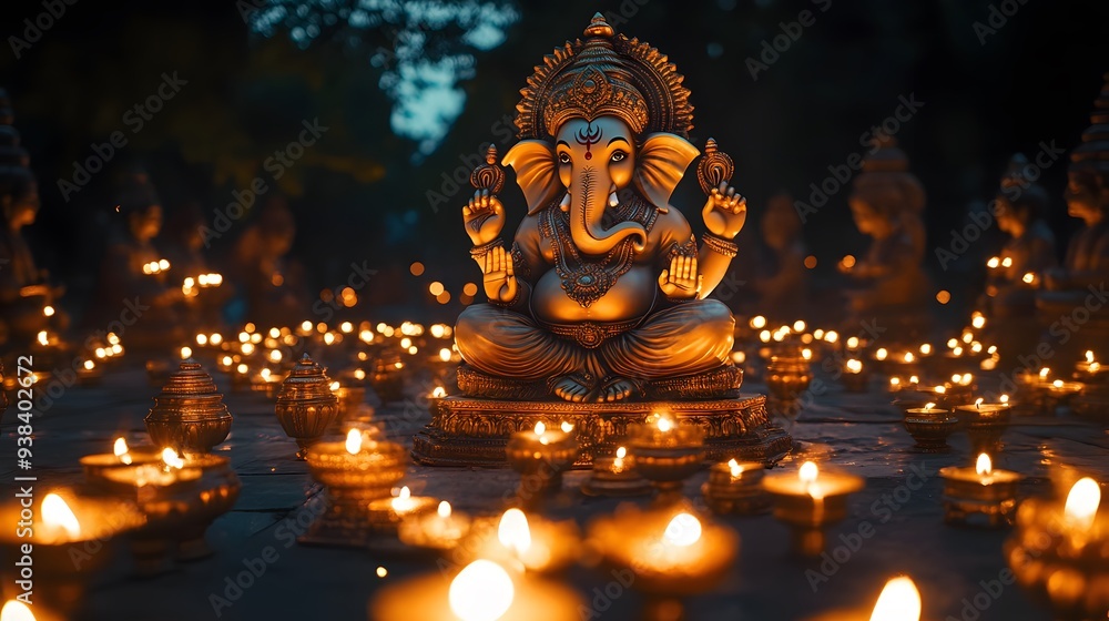 Ganesh idol surrounded by lit oil lamps at night creating a divine ambiance Ganesh idol surrounded by lit oil lamps at night creating a divine ambiance