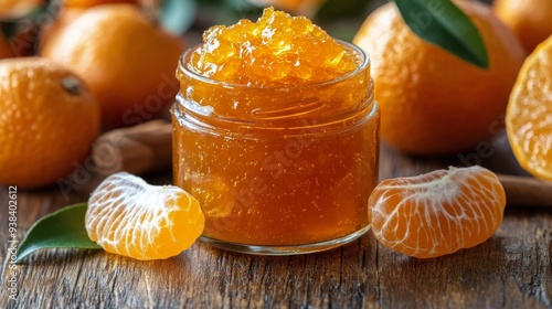 Homemade tangerine jam with fresh fruit on a wooden table