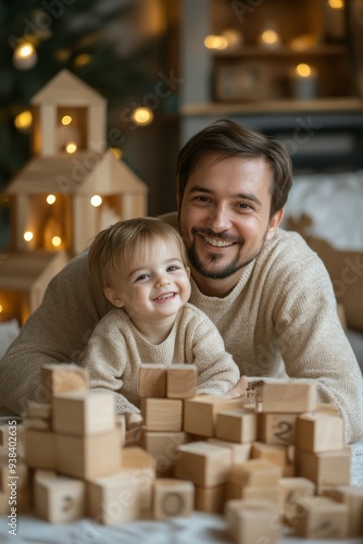 Father and toddler playing with wooden blocks indoors during daylight