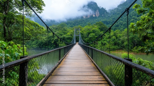 This image showcases a wooden suspension bridge that stretches across a lush green forest, with misty mountains rising in the background, creating a serene and picturesque scene.