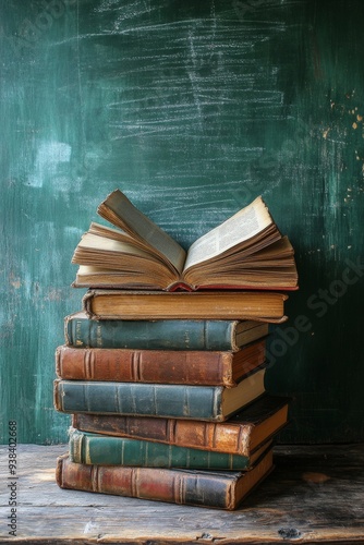 Stacked vintage books with an open book on top against a chalkboard background
