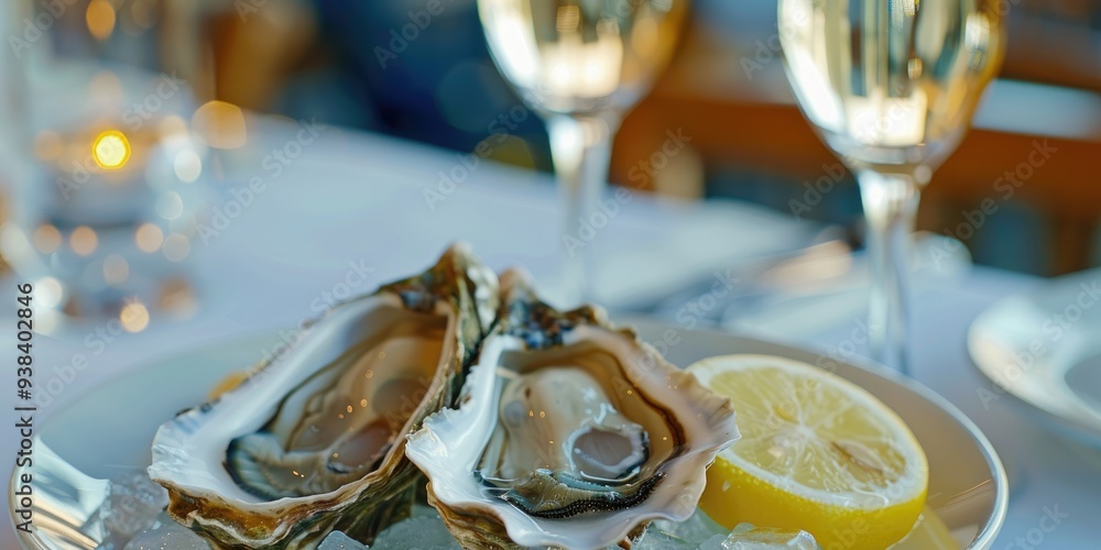 Fresh oysters accompanied by lemon and ice, a delicious culinary delight featuring tender oysters harmoniously paired with champagne for an exquisite dining experience, perfect for diet-friendly menus Fresh oysters accompanied by lemon and ice, a delicious culinary delight featuring tender oysters harmoniously paired with champagne for an exquisite dining experience, perfect for diet-friendly menus