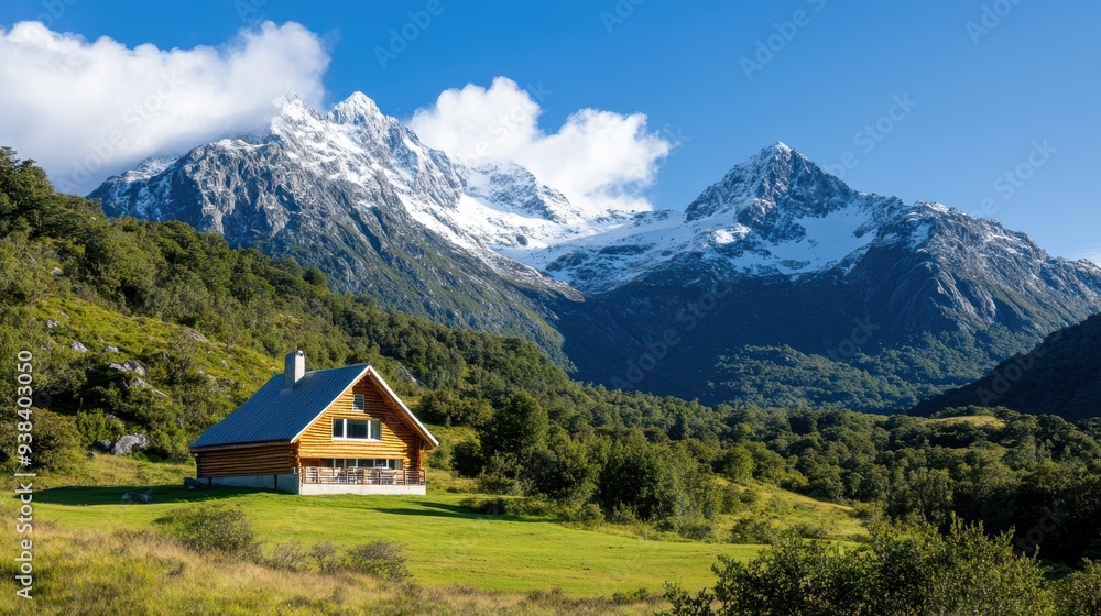 A rustic, charming wooden cabin is beautifully set against a backdrop of towering, snow-capped mountains and lush, green meadows, under a bright, clear blue sky, embodying tranquility and natural bea A rustic, charming wooden cabin is beautifully set against a backdrop of towering, snow-capped mountains and lush, green meadows, under a bright, clear blue sky, embodying tranquility and natural bea