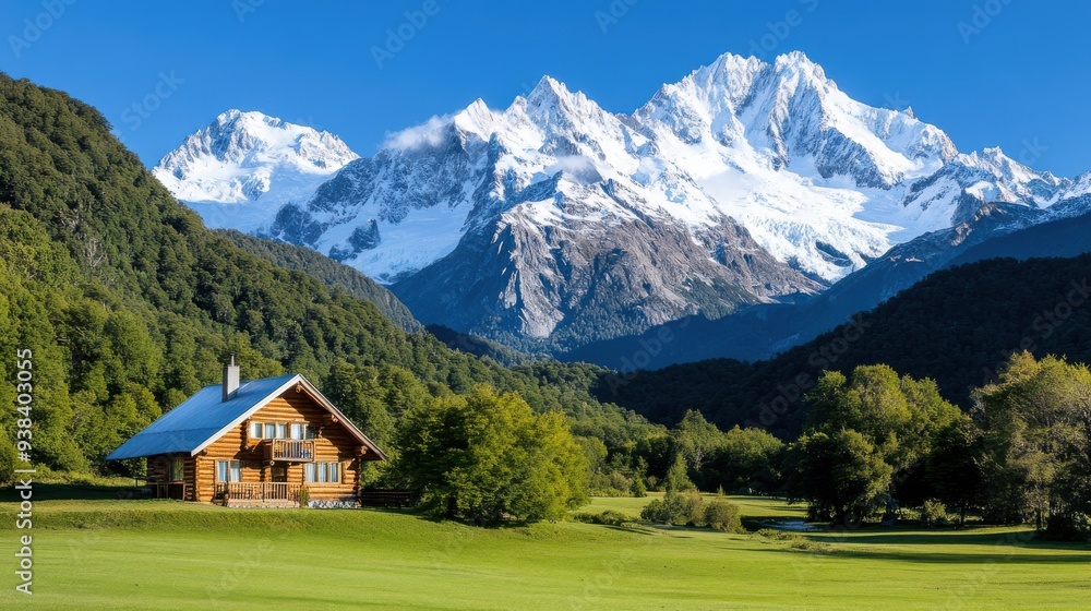 Fototapeta premium A wooden lodge nestled among lush green forests with a stunning backdrop of snow-capped mountain peaks under a bright blue sky, showcasing natural beauty and serene tranquility.