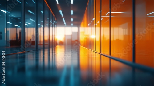 Sunset glowing through office corridor windows in modern workspace