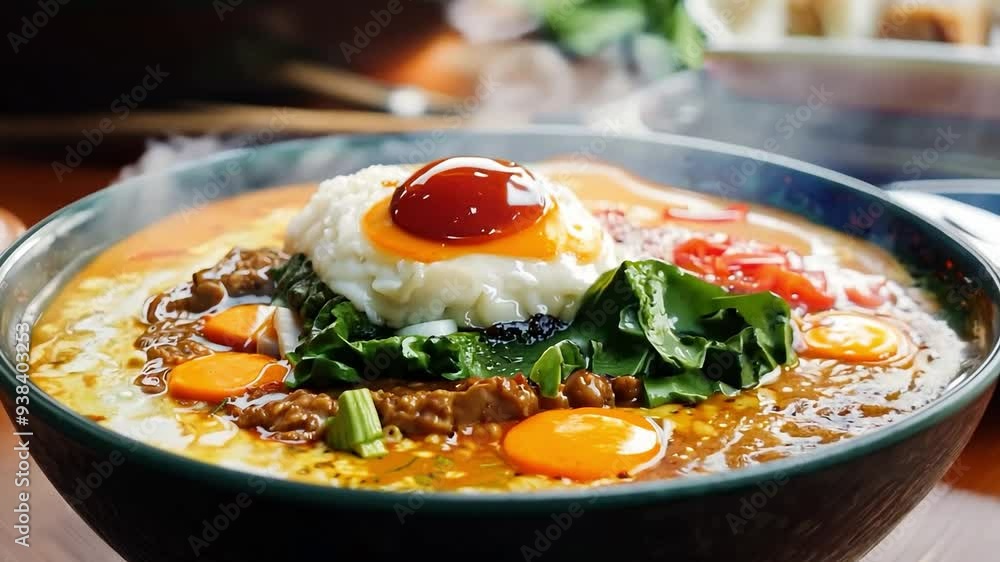 Steam rising from japanese curry rice bowl with sunny side up egg Steam rising from japanese curry rice bowl with sunny side up egg