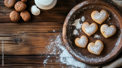 Heart-shaped cookies decorated with icing and sprinkles on a wooden table
