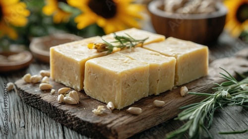 Sunflower seed soap bars on a wooden board with bright flowers in the background