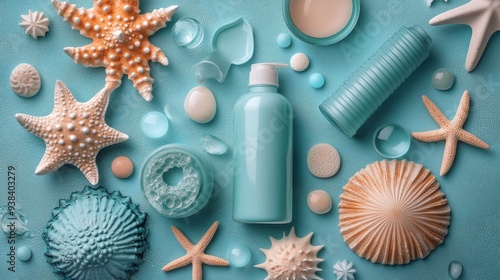 Arrangement of skincare products on a blue surface surrounded by tropical ele...