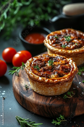 Freshly baked meat pies with herbs and tomatoes on a wooden board