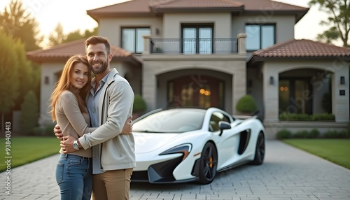Handsome Man and beautiful woman couple hugging each other, standing in front of the big luxury house and expensive shiny white sports car parked on the driveway