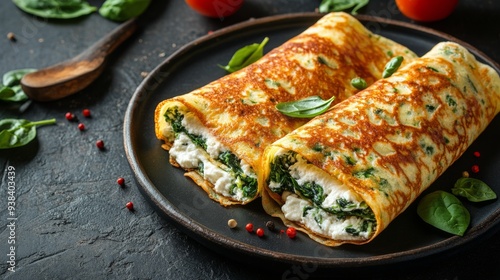 Delicious vegetarian crepes with fresh herbs and tomatoes on a wooden plate