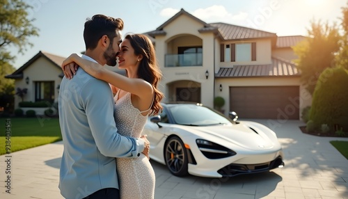 Handsome Man and beautiful woman couple hugging each other, standing in front of the big luxury house and expensive shiny white sports car parked on the driveway
