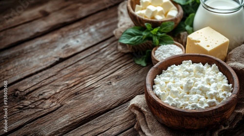 Freshly made cottage cheese and milk in rustic bowls on a wooden table