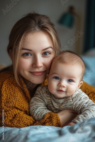 Mother lovingly holds her baby in a serene, softly lit bedroom setting during...