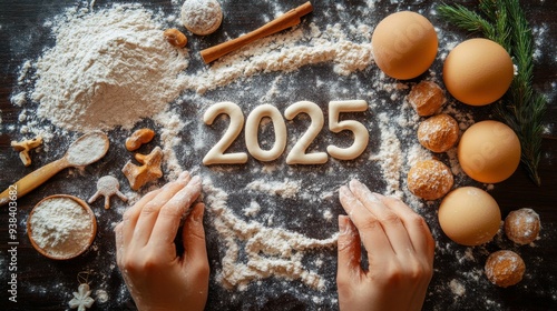 New Year celebration arrangement with 2025 written in flour and festive decorations photo