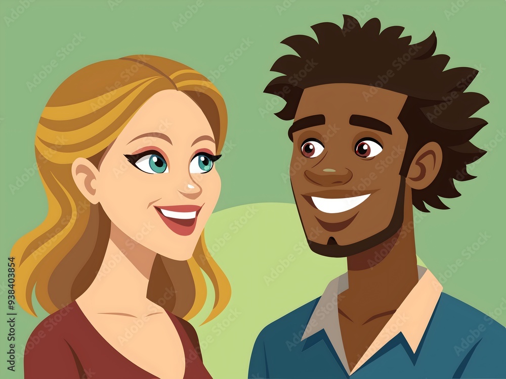 Happy Smiling Couple Enjoying Close Conversation Friendly Connection Animated Art Happy Smiling Couple Enjoying Close Conversation Friendly Connection Animated Art